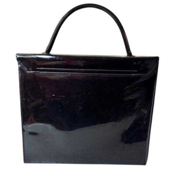 Vintage Black Patent Leather Handbag With Gold-Tone Clasp And Striped Inner Lini - Picture 3 of 8